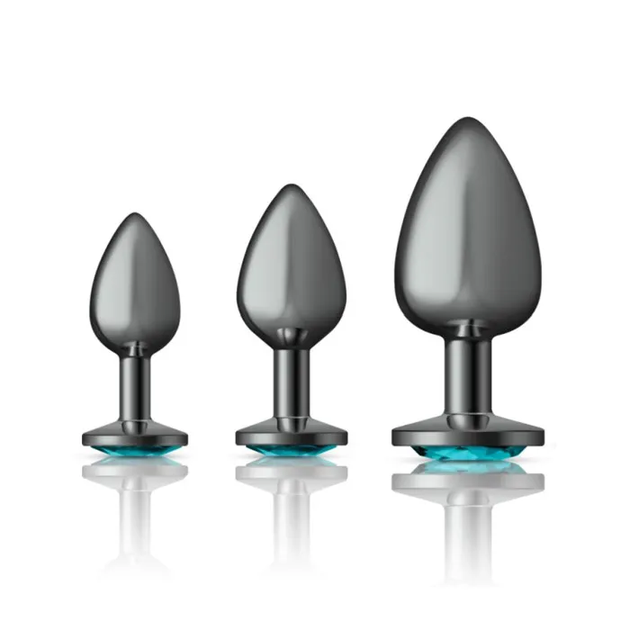 Anal Cheeky Charms Cheeky Charms Round Metal Butt Plug Gunmetal 3 Pc Kit w Teal Jewel