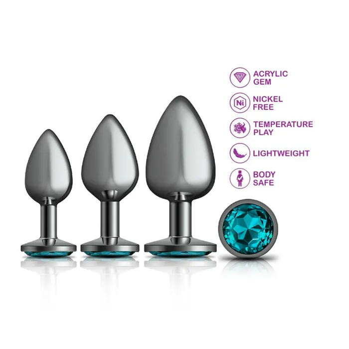 Anal Cheeky Charms Cheeky Charms Round Metal Butt Plug Gunmetal 3 Pc Kit w Teal Jewel