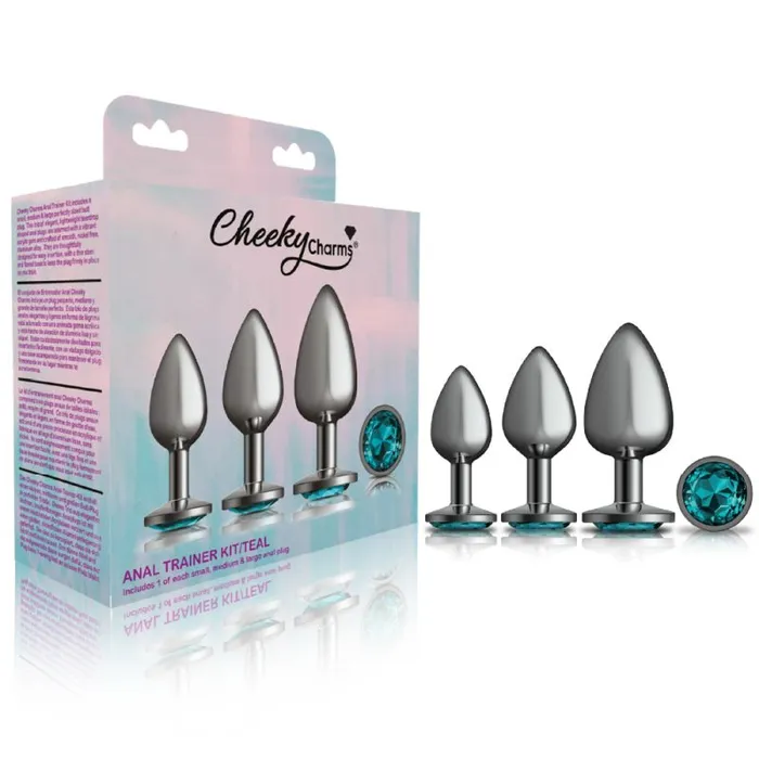 Anal Cheeky Charms Cheeky Charms Round Metal Butt Plug Gunmetal 3 Pc Kit w Teal Jewel