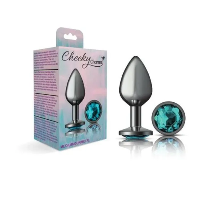 Cheeky Charms Anal Cheeky Charms Gunmetal Round Butt Plug w Teal Jewel Medium