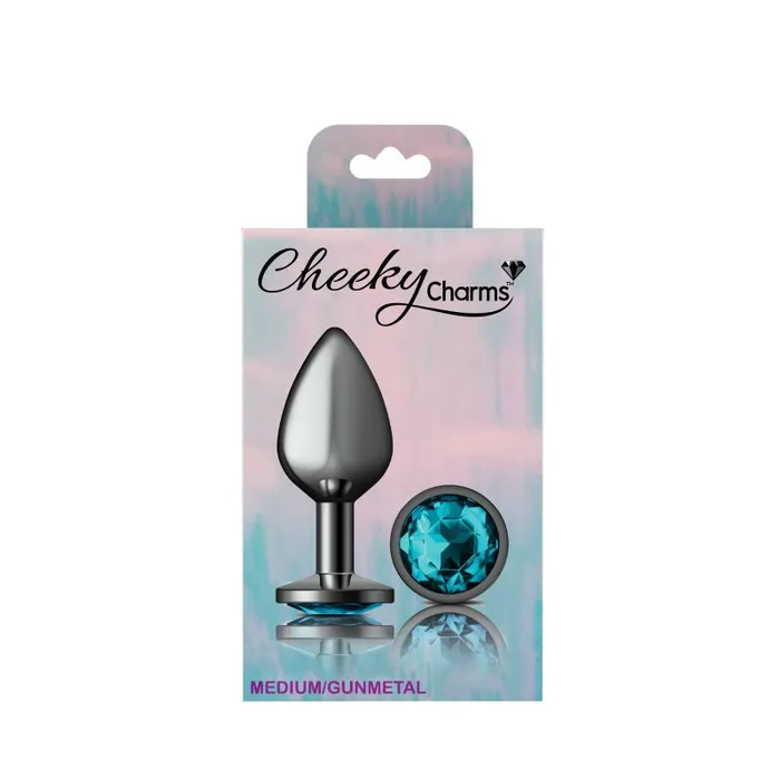 Cheeky Charms Anal Cheeky Charms Gunmetal Round Butt Plug w Teal Jewel Medium