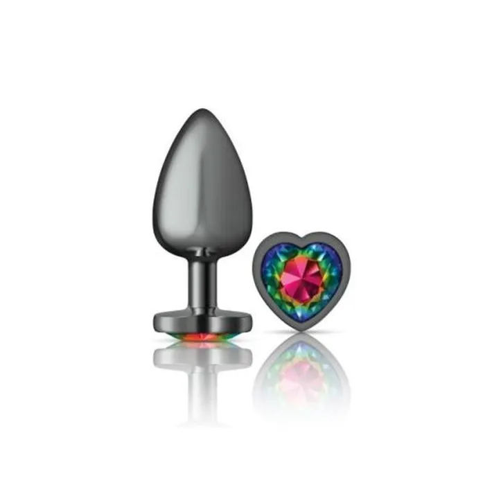 Cheeky Charms Gunmetal Butt Plug w Heart Rainbow Jewel Large Viben Anal