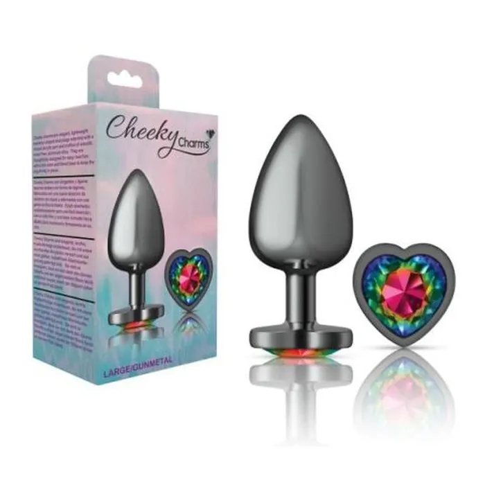 Cheeky Charms Gunmetal Butt Plug w Heart Rainbow Jewel Large Viben Anal