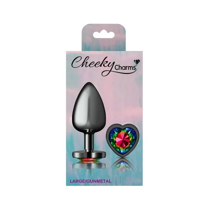 Cheeky Charms Gunmetal Butt Plug w Heart Rainbow Jewel Large Viben Anal