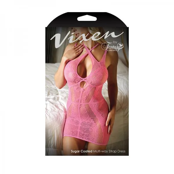 Fantasy Lingerie Vibrators Vixen Multiway Strap Net Lace Dress Pink OS