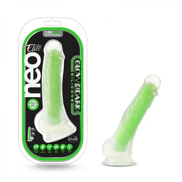 Female Sex Toys Blush Neo Elite Viper Glow In The Dark 7 Silicone Dual Density Dildo Neon Green