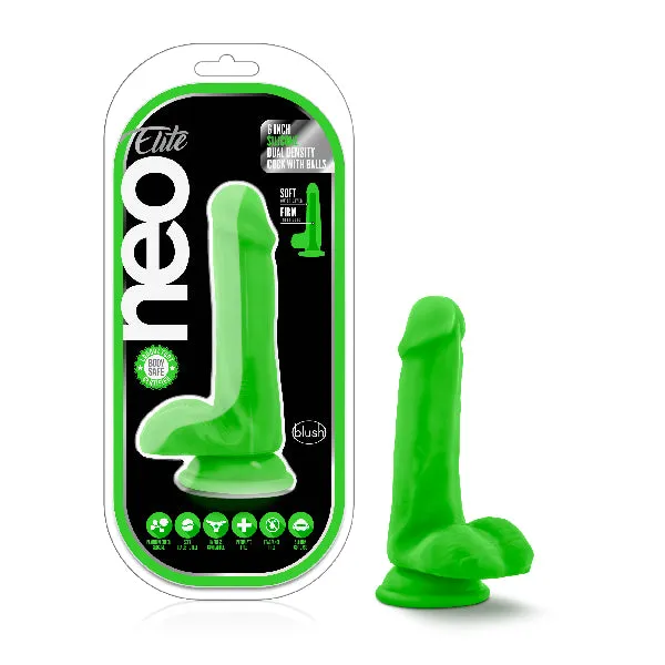 Female Sex Toys Blush Novelties Neo Elite 6 Silicone Dual Density Cock with Balls Neon Green