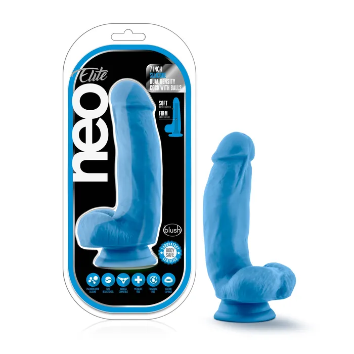 Female Sex Toys Neo Elite 7in Silicone Dual Density Cock with Balls Neon Blue Neo Elite