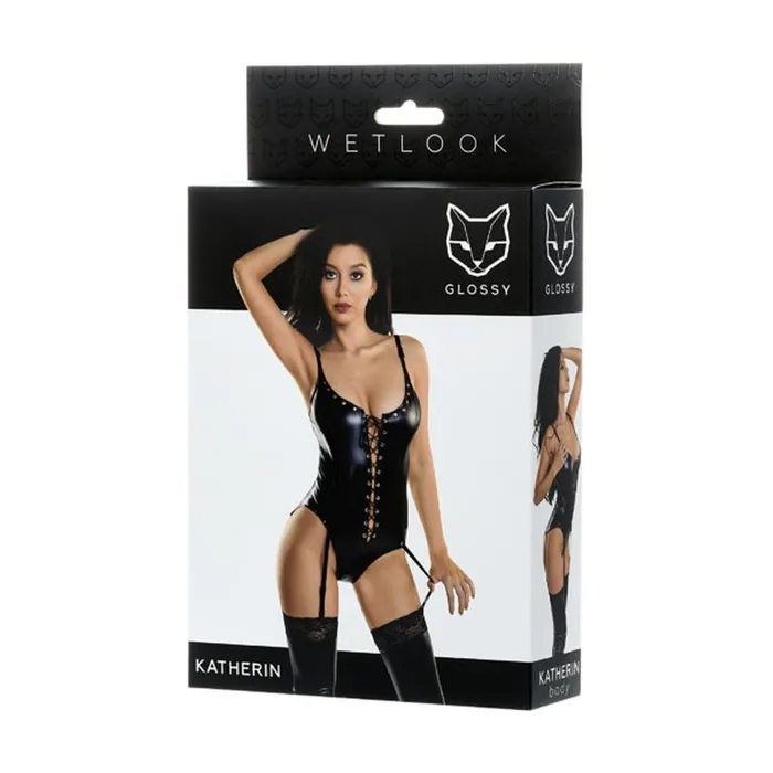 Glossy Anal Wetlook Lace Up Bodysuit Katherin Black