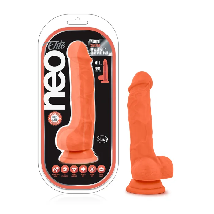 Neo Elite 75in Silicone Dual Density Cock with Balls Neon Orange Neo Elite Female Sex Toys