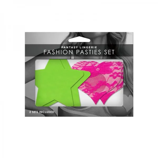 Neon Pasties 2 Pack Neon Green Solid Star Neon Pink Lace Fantasy Lingerie Vibrators