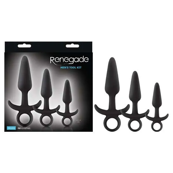 Renegade Mens Tool Kit Black Butt Plugs with Ring Pulls Set of 3 Sizes NS Novelties Anal