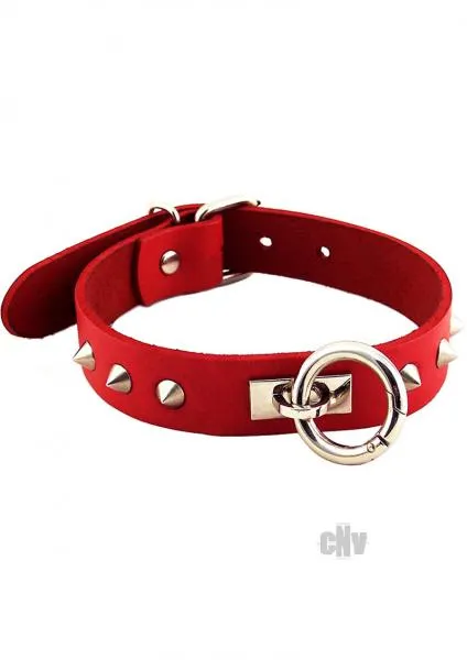 Rouge Leather O Ring Studded Collar Red Rouge Garments Restraints