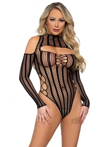 Seductucom Striped Cold Shoulder Bodysuit Os Blk Teddies And Bodies