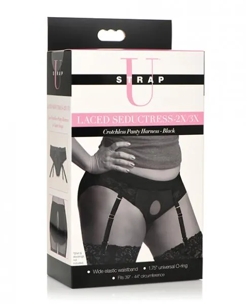 Strap U Laced Seductress Lace Crotchless Panty Harness WGarter Straps 2xl3xl Black Strap U Female Sex Toys