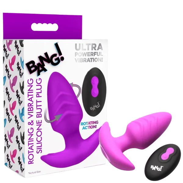 XR Brands Bang Rotating Vibrating Silicone Butt Plug with Remote Purple Male Sex Toys