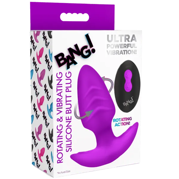 XR Brands Bang Rotating Vibrating Silicone Butt Plug with Remote Purple Male Sex Toys