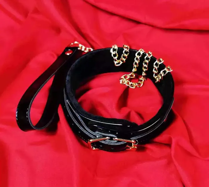 Black Slick Collar with Gold Leash Extasy Anal