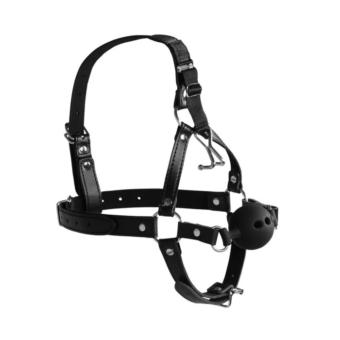 OUCH XTREME Male Sex Toys Head Harness with Breathable Ball Gag and Nose Hooks Black