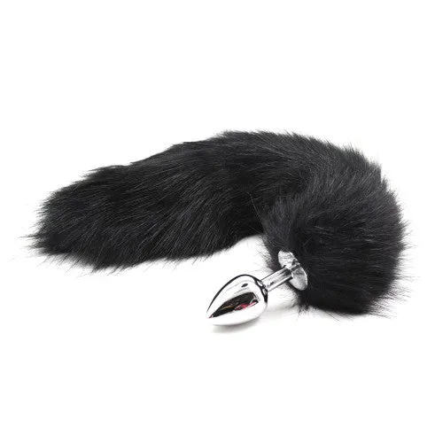 Anal Naughty Toys Black Faux Fur Tail with metal butt plugSMALL