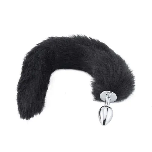 Anal Naughty Toys Black Faux Fur Tail with metal butt plugSMALL