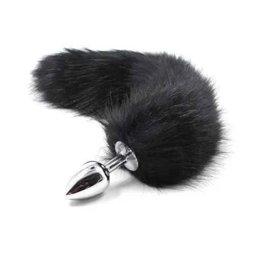 Anal Naughty Toys Black Faux Fur Tail with metal butt plugSMALL