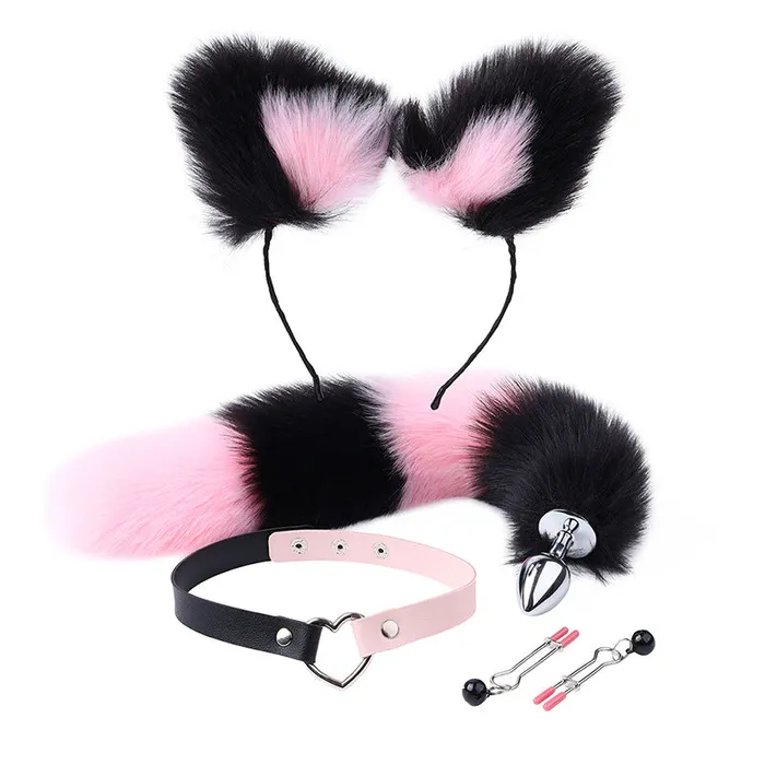 Anal RY Cosplay Furry Fox Tail Anal PlugHeadbandCollarNipple Clamps Cosplay Kit PinkBlack RY