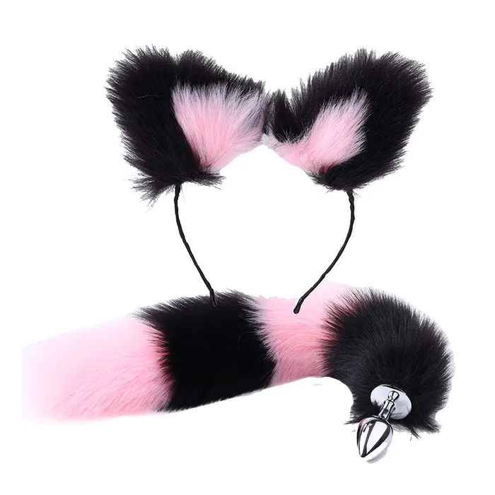 Anal RY Cosplay Furry Fox Tail Anal PlugHeadbandCollarNipple Clamps Cosplay Kit PinkBlack RY