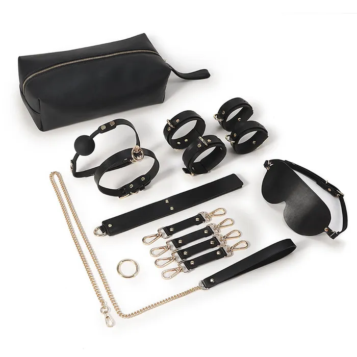 Couples RY Genuine Real Leather BDSM Fetish Bondage Kit 8 Pcs Black RYSC