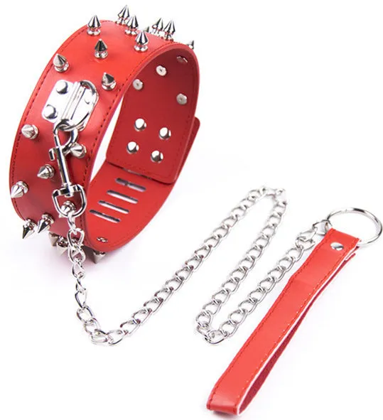 Restraints SexyPlay BDSM PU Leather Collar Leash Rivet Fetish Restraints Red