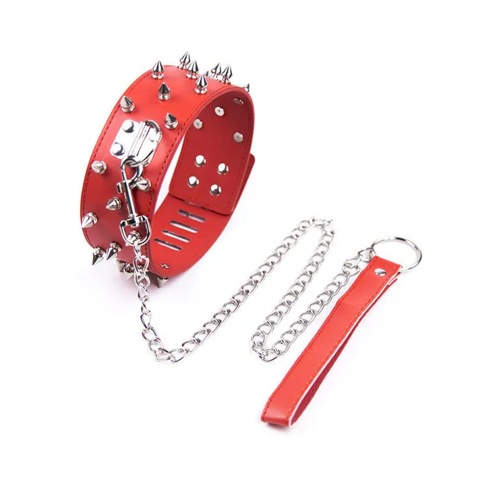 Restraints SexyPlay BDSM PU Leather Collar Leash Rivet Fetish Restraints Red