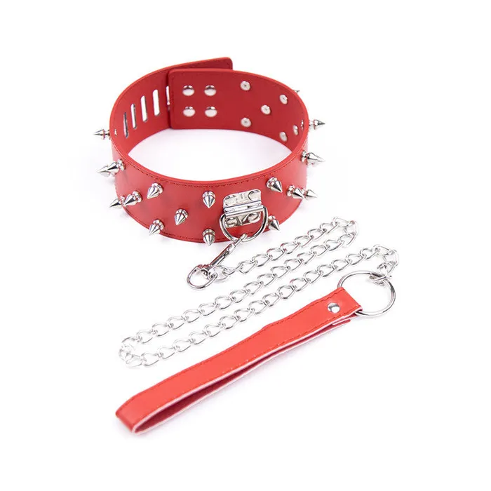 Restraints SexyPlay BDSM PU Leather Collar Leash Rivet Fetish Restraints Red