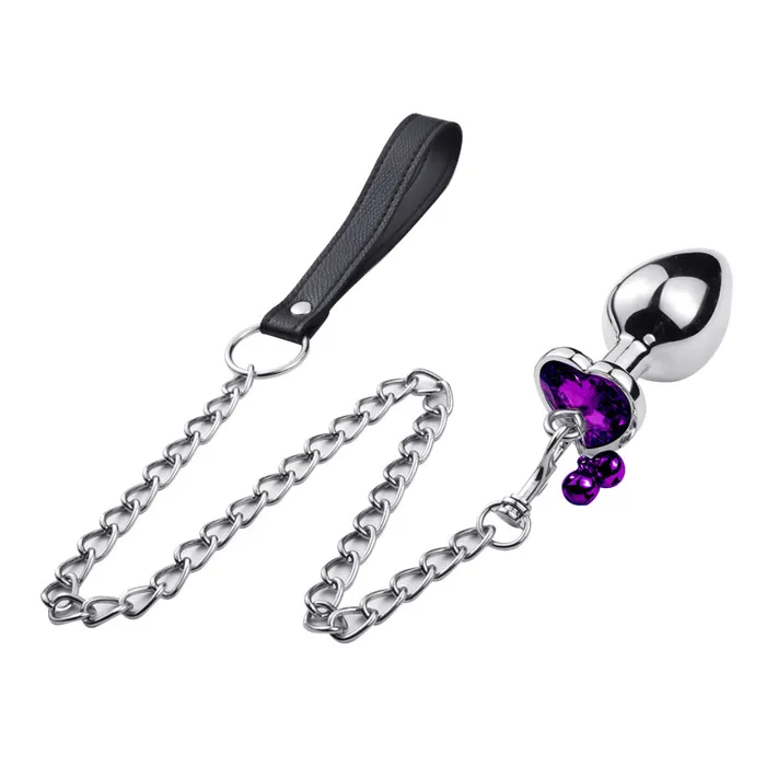 RY Male Sex Toys RY Heart Shape Crystal Jewelled Stainless Steel Anal Plug with Bell Leash Purple SML