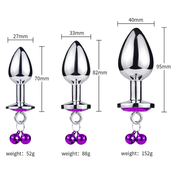 RY Male Sex Toys RY Heart Shape Crystal Jewelled Stainless Steel Anal Plug with Bell Leash Purple SML